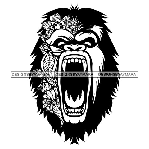 Growling Monkey Scary Animal Face Flower Tattoo Horror Print Dangerous Long Teeth Lion Open Mouth Animals Flowers Black And White SVG JPG PNG Vector Clipart Cricut Silhouette Cut Cutting