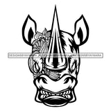 Rhinoceros Scary Face Flower Tattoo Horror Print Dangerous Long Teeth Open Mouth Animals Flowers Black And White SVG JPG PNG Vector Clipart Cricut Silhouette Cut Cutting