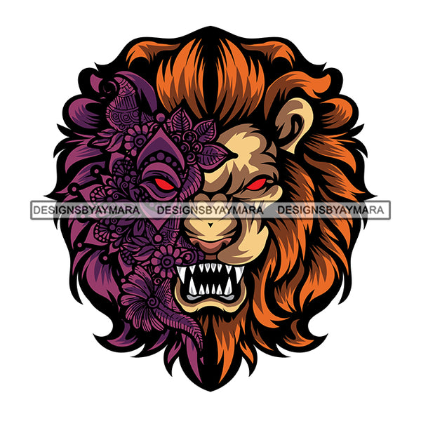 Lion Floral Face Wildlife Animal Kingdom Flowers Leaves Tattoo Ink Art SVG JPG PNG Vector Clipart Cricut Silhouette Cut Cutting