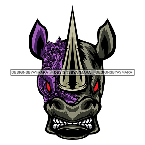 Rhinoceros Scary Face Flower Colorful Tattoo Horror Print Dangerous Long Teeth Open Mouth Animals Flowers Red Eyes SVG JPG PNG Vector Clipart Cricut Silhouette Cut Cutting