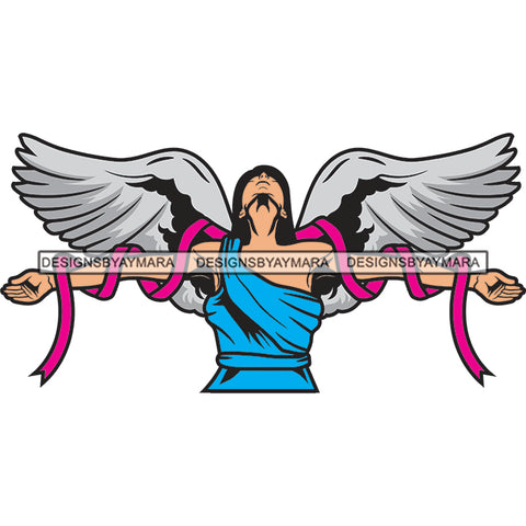 Angel Woman Wearing Blue Dress Fairy Wrapped Pink Ribbon Fairy White Wings Open Arms Long Black Hairs SVG JPG PNG Vector Clipart Cricut Silhouette Cut Cutting