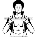 Afro Handsome Sexy Black Man Fashion Model Open Shirt Puffy Afro Hairstyle B/W SVG JPG PNG Vector Clipart Cricut Silhouette Cut Cutting