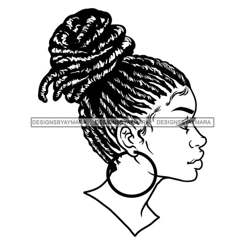 Beautiful Black Woman Half Face Bamboo Hoop Earrings Dreadlock Bun Hairstyle B/W SVG JPG PNG Vector Clipart Cricut Silhouette Cut Cutting