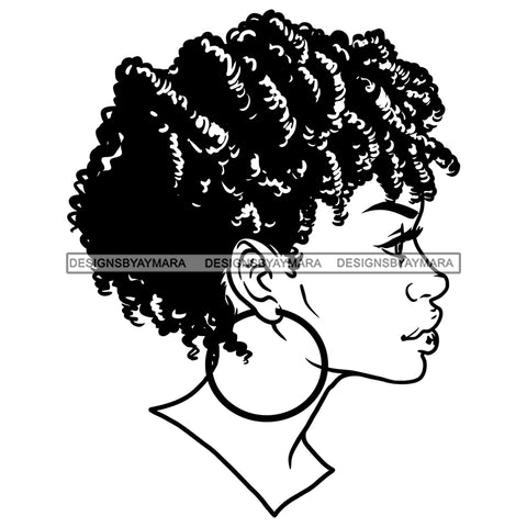 Beautiful Black Woman Half Face Bamboo Hoop Earrings Curly Hairstyle B/W SVG JPG PNG Vector Clipart Cricut Silhouette Cut Cutting