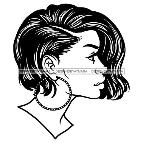 Beautiful Black Woman Half Face Bamboo Hoop Earrings Wavy Bob Hairstyle B/W SVG JPG PNG Vector Clipart Cricut Silhouette Cut Cutting