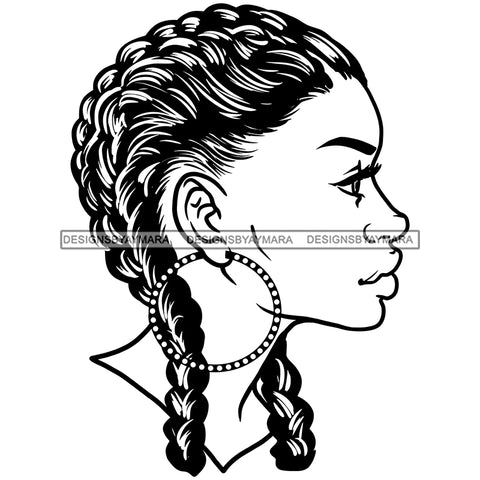 Beautiful Black Woman Half Face Bamboo Hoop Earrings Braids Braided Hairstyle B/W SVG JPG PNG Vector Clipart Cricut Silhouette Cut Cutting