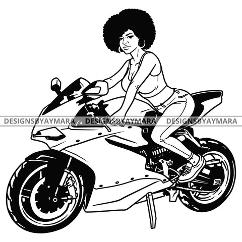 Sassy Diva On Motorcycle Fun Speed Freedom Transportation Puffy Afro Hairstyle B/W SVG JPG PNG Vector Clipart Cricut Silhouette Cut Cutting