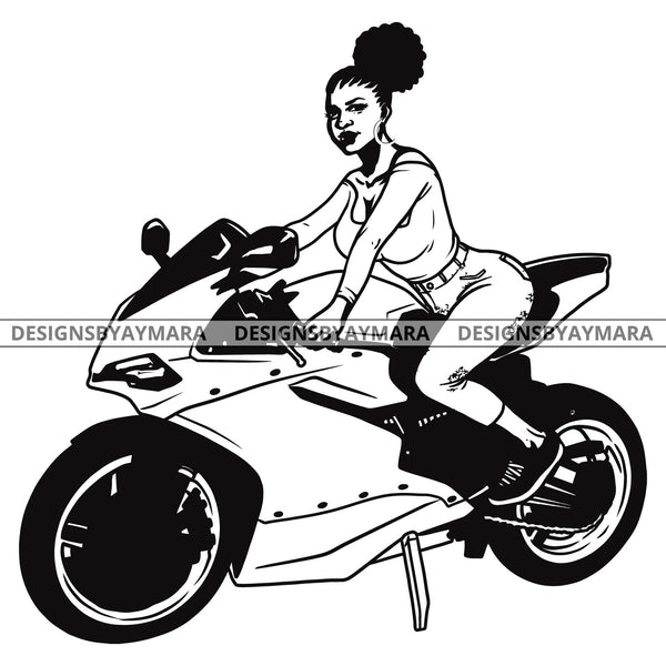 Sassy Diva On Motorcycle Fun Speed Freedom Transportation Puffy Bun Hairstyle B/W SVG JPG PNG Vector Clipart Cricut Silhouette Cut Cutting