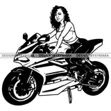 Sassy Diva On Motorcycle Speed Transportation Shoulder Length Curly Hairstyle B/W SVG JPG PNG Vector Clipart Cricut Silhouette Cut Cutting