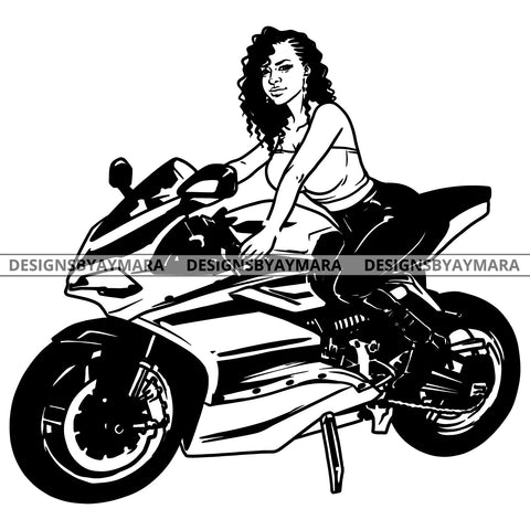 Sassy Diva On Motorcycle Speed Transportation Shoulder Length Curly Hairstyle B/W SVG JPG PNG Vector Clipart Cricut Silhouette Cut Cutting