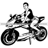 Sassy Diva On Motorcycle Fun Speed Freedom Transportation Short Hairstyle B/W SVG JPG PNG Vector Clipart Cricut Silhouette Cut Cutting