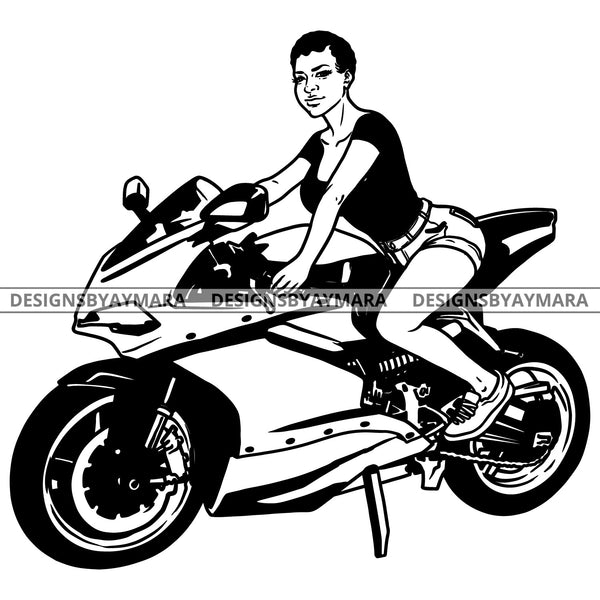 Sassy Diva On Motorcycle Fun Speed Freedom Transportation Short Hairstyle B/W SVG JPG PNG Vector Clipart Cricut Silhouette Cut Cutting
