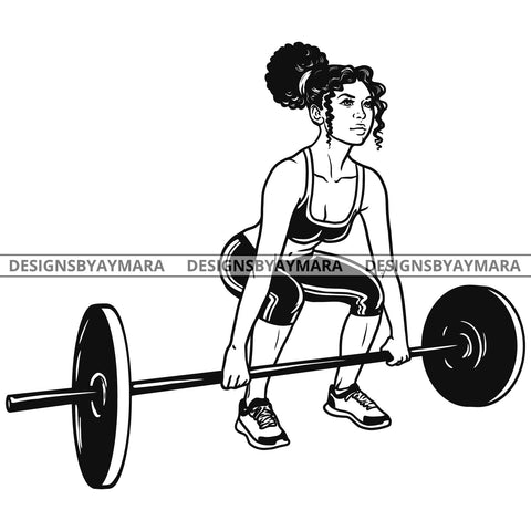Afro Woman Fit Training Stretching Lifting Heavy Weights Curly Bun Hairstyle B/W SVG JPG PNG Vector Clipart Cricut Silhouette Cut Cutting