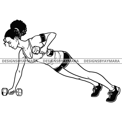 Afro Woman Fit Training Stretching Push Up Weights Puffy Bun Hairstyle B/W SVG JPG PNG Vector Clipart Cricut Silhouette Cut Cutting
