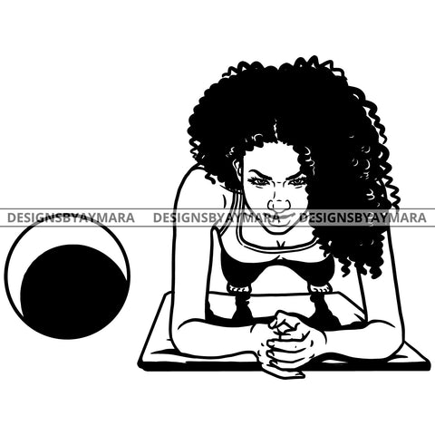 Afro Woman Fit Training Stretching Exercise Ball Mat Curly Hairstyle B/W SVG JPG PNG Vector Clipart Cricut Silhouette Cut Cutting