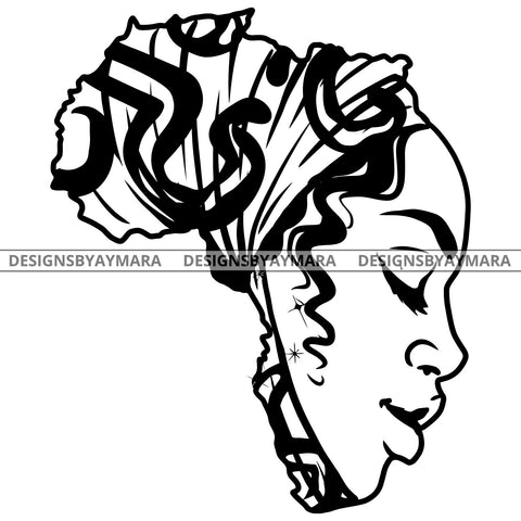 Africa Face Beautiful Afro Woman Continent Closing Eyes Earrings Turban Hairstyle B/W SVG JPG PNG Vector Clipart Cricut Silhouette Cut Cutting