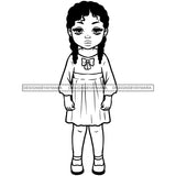 Cute Little Black Girl Student School Dress Clothes Braided Hairstyle B/W SVG JPG PNG Vector Clipart Cricut Silhouette Cut Cutting