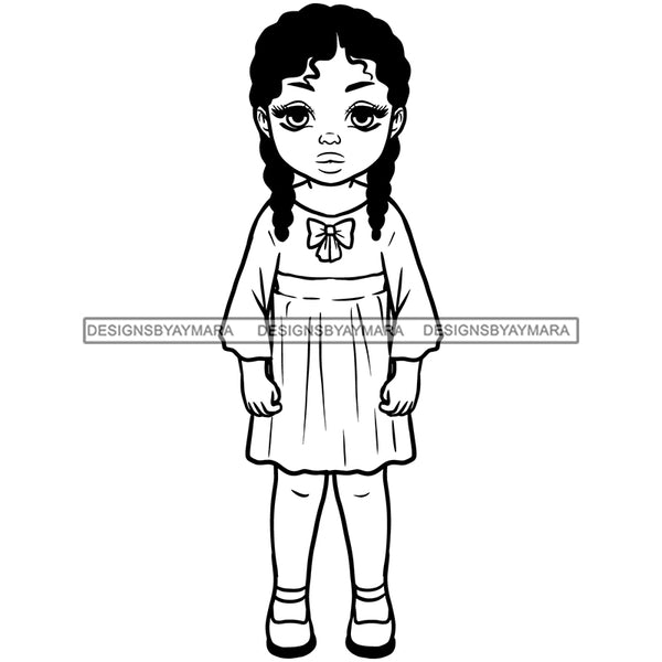 Cute Little Black Girl Student School Dress Clothes Braided Hairstyle B/W SVG JPG PNG Vector Clipart Cricut Silhouette Cut Cutting