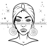 Black Woman Full Face Turban Headwrap Big Hoop Earrings B/W SVG JPG PNG Vector Clipart Cricut Silhouette Cut Cutting