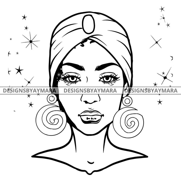Black Woman Full Face Turban Headwrap Big Hoop Earrings B/W SVG JPG PNG Vector Clipart Cricut Silhouette Cut Cutting
