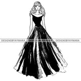 Afro Woman Fashion Model Princess Gown Glamorous Long Wavy Hairstyle B/W SVG JPG PNG Vector Clipart Cricut Silhouette Cut Cutting