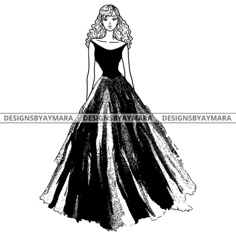 Afro Woman Fashion Model Princess Gown Glamorous Long Wavy Hairstyle B/W SVG JPG PNG Vector Clipart Cricut Silhouette Cut Cutting