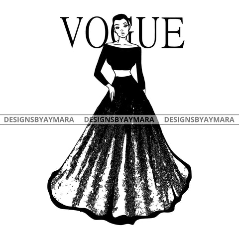 Afro Woman Fashion Model Two Pieces Princess Gown Glamorous Style Short Hairstyle B/W SVG JPG PNG Vector Clipart Cricut Silhouette Cut Cutting