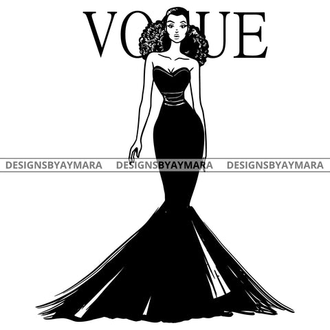 Afro Woman Fashion Model Gown Glamorous Puffy Afro Hairstyle B/W  SVG JPG PNG Vector Clipart Cricut Silhouette Cut Cutting