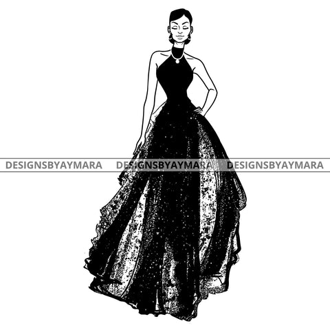 Afro Woman Fashion Model Gown Glamorous Short Hairstyle B/W   SVG JPG PNG Vector Clipart Cricut Silhouette Cut Cutting