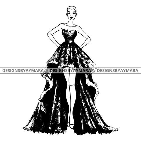 Afro Woman Fashion Model Asymmetric Gown Glamorous Short Hairstyle B/W SVG JPG PNG Vector Clipart Cricut Silhouette Cut Cutting