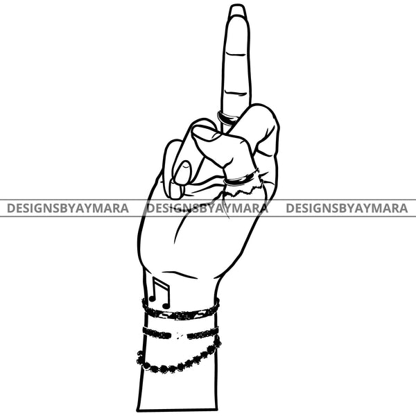 Afro Black Woman Middle Finger F*** Tattoo Rings Cute Bracelets Single Hand B/W SVG JPG PNG Vector Clipart Cricut Silhouette Cut Cutting