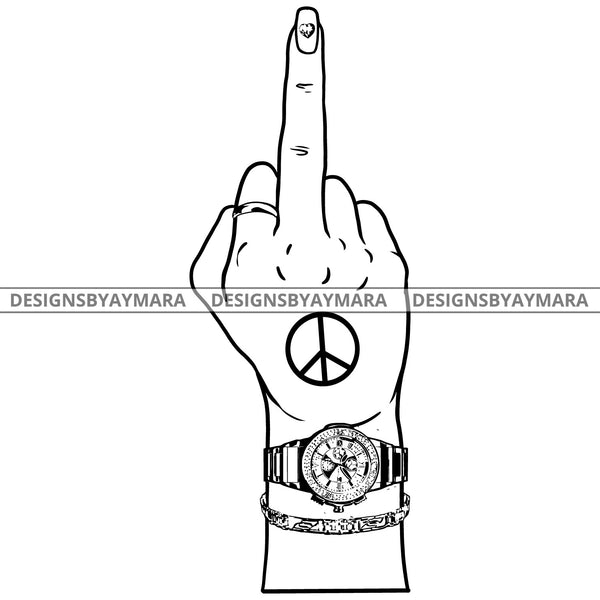 Afro Black Woman Middle Finger F*** Tattoo Ring Watch Bracelet Single Hand B/W SVG JPG PNG Vector Clipart Cricut Silhouette Cut Cutting