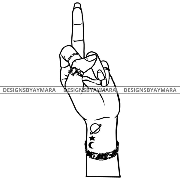 Afro Black Woman Middle Finger F*** Tattoos Rings Cute Bracelet Single Hand B/W SVG JPG PNG Vector Clipart Cricut Silhouette Cut Cutting