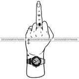 Afro Black Woman Middle Finger F*** Tattoos Rings Elegant Watch Single Hand B/W SVG JPG PNG Vector Clipart Cricut Silhouette Cut Cutting