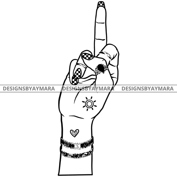 Afro Black Woman Middle Finger F*** Tattoos Ring Bracelets Single Hand B/W SVG JPG PNG Vector Clipart Cricut Silhouette Cut Cutting