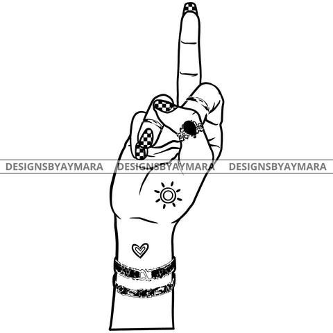 Afro Black Woman Middle Finger F*** Tattoos Ring Bracelets Single Hand B/W SVG JPG PNG Vector Clipart Cricut Silhouette Cut Cutting