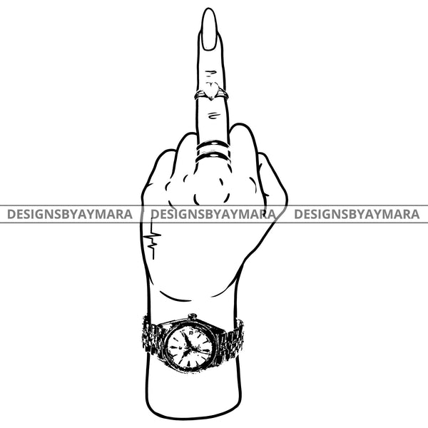 Afro Black Woman Middle Finger F*** Tattoo Rings Classic Watch Single Hand B/W SVG JPG PNG Vector Clipart Cricut Silhouette Cut Cutting