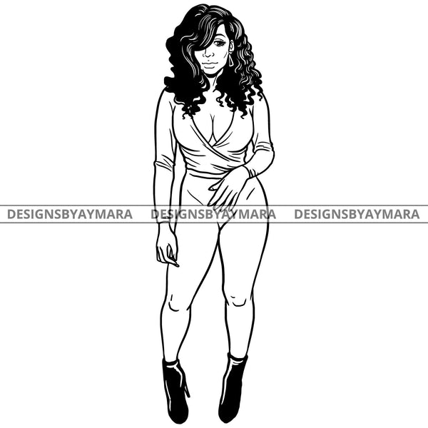 Afro Beauty Sexy Babe Shoulder Length Wavy Hairstyle B/W SVG JPG PNG Vector Clipart Cricut Silhouette Cut Cutting