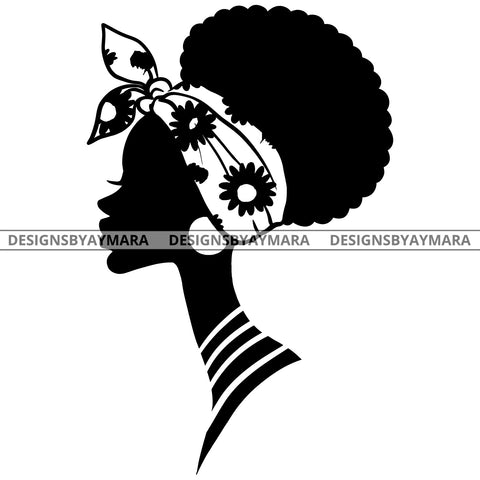 Afro Queen Woman Head Black Silhouette Hair Scarf Headband Choker Necklace B/W SVG JPG PNG Vector Clipart Cricut Silhouette Cut Cutting