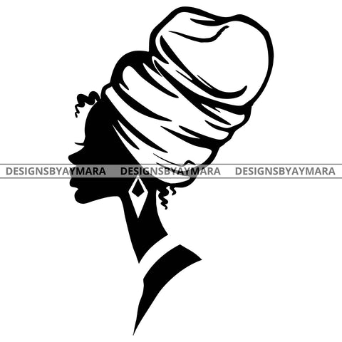Afro Queen Woman Head Black Silhouette Hair Turban Choker Necklace B/W SVG JPG PNG Vector Clipart Cricut Silhouette Cut Cutting