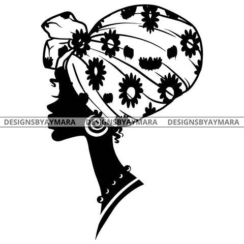 Afro Queen Woman Head Black Silhouette Beautiful Hair Turban Earrings Necklace B/W SVG JPG PNG Vector Clipart Cricut Silhouette Cut Cutting