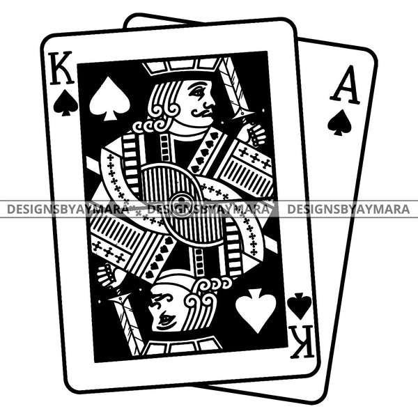 Playing Cards Ace King Spades Gambling Money Casino B/W SVG JPG PNG Vector Clipart Cricut Silhouette Cut Cutting