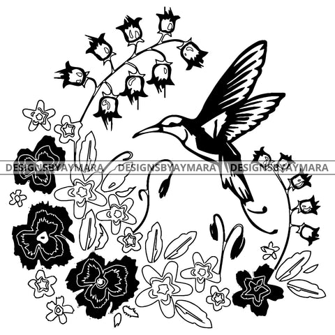 Hummingbird Flowers Nature Small Beautiful Species Bird B/W SVG JPG PNG Vector Clipart Cricut Silhouette Cut Cutting
