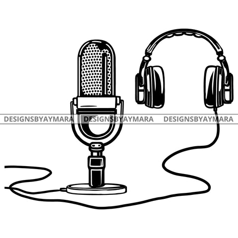 Microphone Headphones Stand Music DJ Radio Broadcasting B/W SVG JPG PNG Vector Clipart Cricut Silhouette Cut Cutting