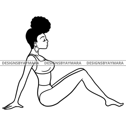Afro Beauty Woman Sitting Sexy Two Pieces Clothes Puffy Afro Hair B/W SVG JPG PNG Vector Clipart Cricut Silhouette Cut Cutting