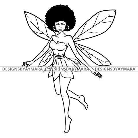 Afro Beauty Woman Tinker Fairy Fantasy World Puffy Afro Hair B/W SVG JPG PNG Vector Clipart Cricut Silhouette Cut Cutting
