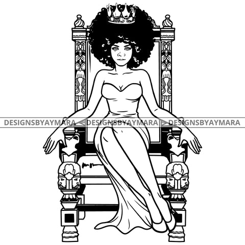Afro Beauty Queen Woman Crown Sitting Throne Beauty Contest Puffy Afro Hair B/W SVG JPG PNG Vector Clipart Cricut Silhouette Cut Cutting