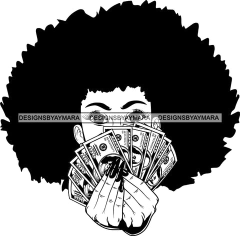 Black Lola Holding Money With Big Afro Black And White SVG JPG PNG Vector Clipart Cricut Silhouette Cut Cutting