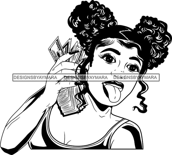 Black Lola With Money Tongue Out Black And White SVG JPG PNG Vector Clipart Cricut Silhouette Cut Cutting