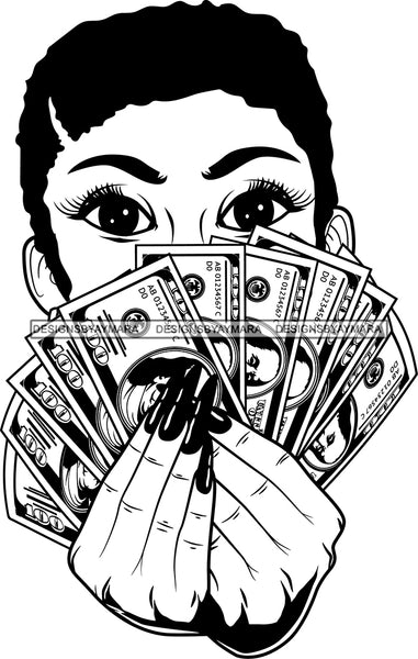 Black Lola With Money With Short Afro Black And White SVG JPG PNG Vector Clipart Cricut Silhouette Cut Cutting